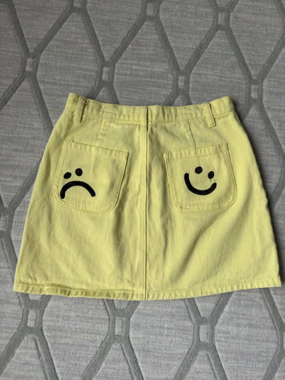 Cider Yellow Denim Jean Mini Skirt with back pocket smiley sad faces SZ M